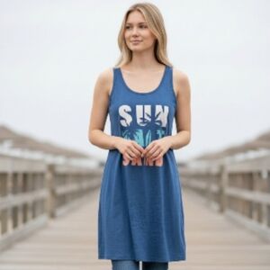 Blue Sleeveless Dress with Graphic Print Sun Salt Sand Palm Tree Pockets Xlarge